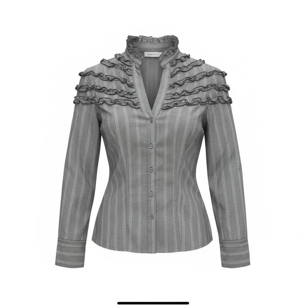 guarapo Italian Made Fitted, Grey lightweight blouse w stretch and ruffles
